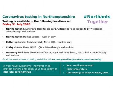 COVID19 testing in Northampton on Friday 31 July